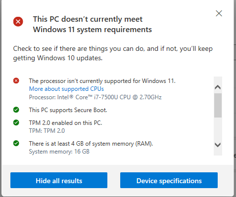 This PC does not meet Windows 11 requirements screenshot
